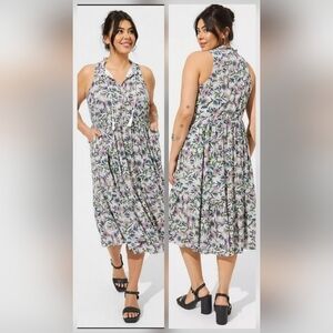 Torrid Size 2X Midi Wash Gauze Tiered Dress White Pink Chessie Linework Floral